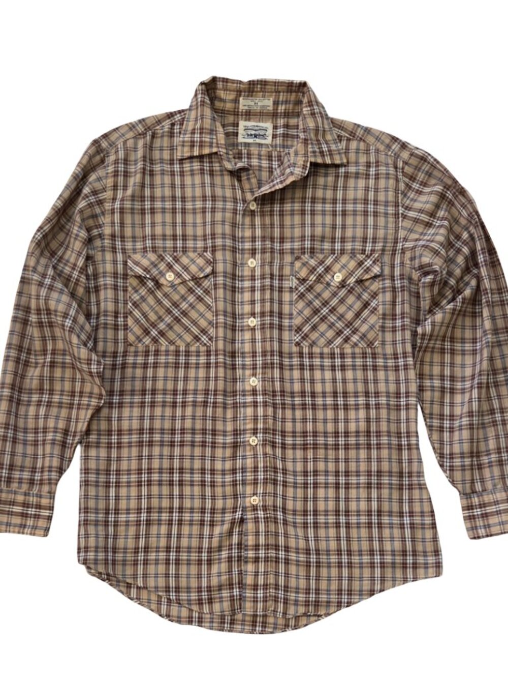 Vintage Levis Mens M Plaid Button Up Shirt Brown Tan 90s Western Cottagecore